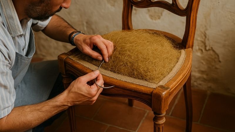 tapissier posant du crin végétal sur un fauteuil ancien