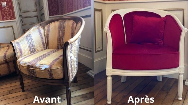 Restauration d’un fauteuil de famille à Troyes — avant et après